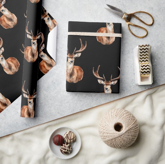 Mounted Deer Head Wildlife Black Wrapping Paper (Crafts)