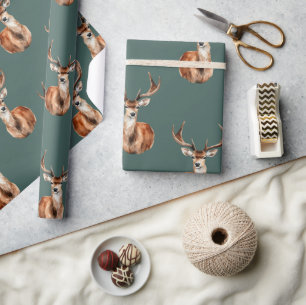 Mounted Deer Head Wildlife Green Holiday Wrapping Paper