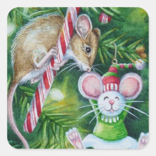 Mouse and Christmas Tree Ornament Watercolor Art Square Sticker
