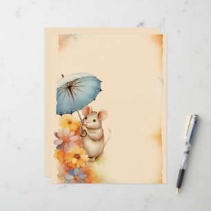 Mouse and flowers stained paper blue pink orange
