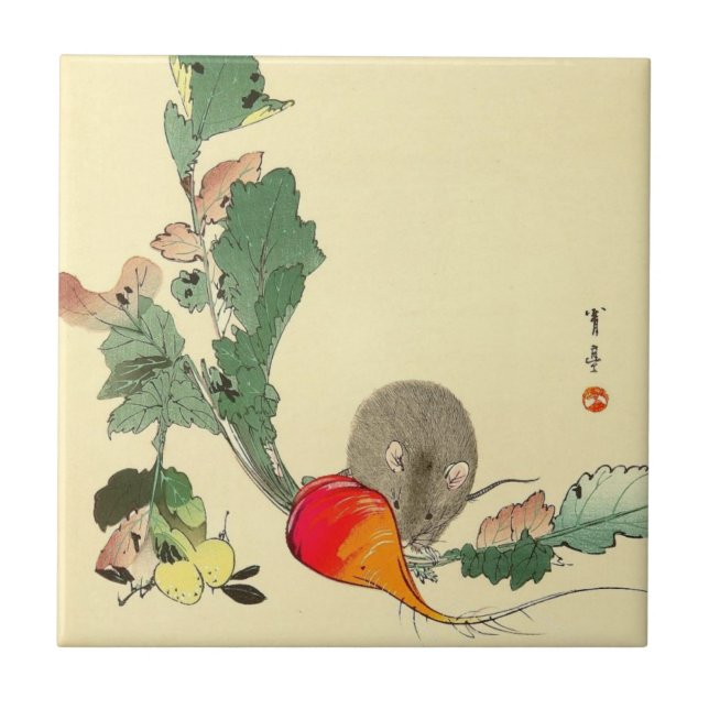 Mouse and Red Radish, Japanese Painting c.1800s Tile (Front)