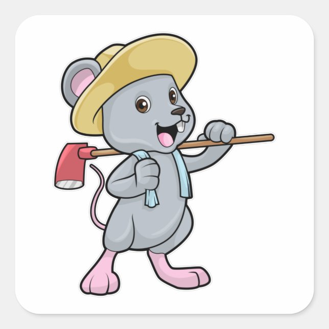 Mouse as Farmer with Axe & Hat Square Sticker (Front)
