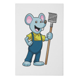 Mouse as Farmer with Rake Faux Canvas Print