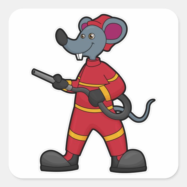 Mouse as Firefighter with Hose Square Sticker (Front)
