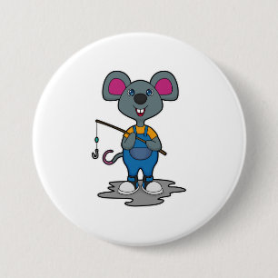 Mouse as Fisher with Fishing rod 7.5 Cm Round Badge