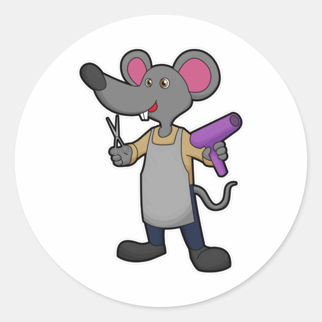 Mouse as Hairdresser with Scissors & Hair dryer Classic Round Sticker (Front)