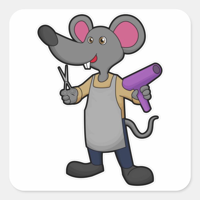 Mouse as Hairdresser with Scissors & Hair dryer Square Sticker (Front)