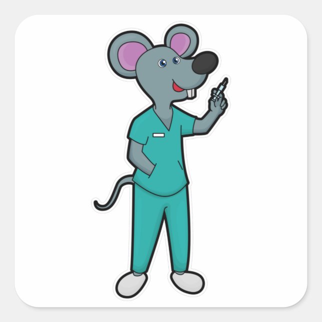 Mouse as Nurse at Vaccination with Syringe Square Sticker (Front)