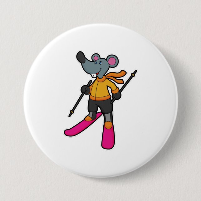 Mouse as Skier with Ski 7.5 Cm Round Badge (Front)