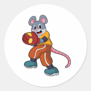 Mouse at Baseball with Baseball glove Classic Round Sticker