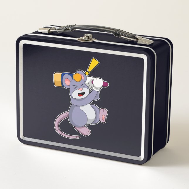 Mouse at Cricket with Cricket bat Metal Lunch Box (Front)