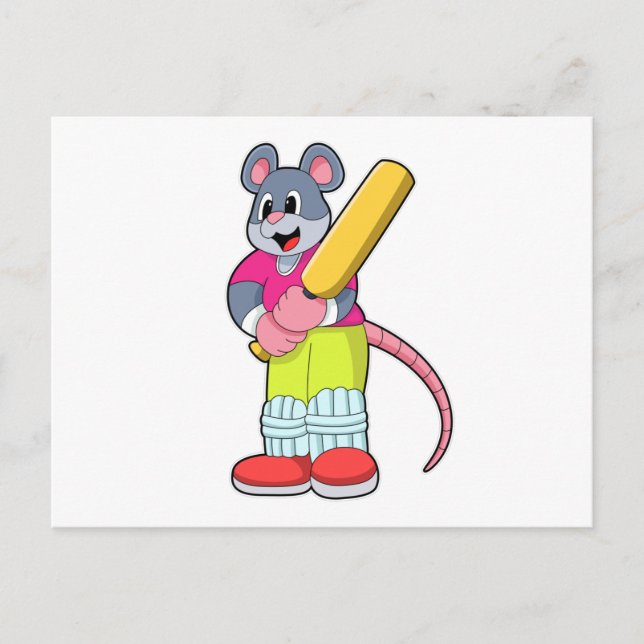 Mouse at Cricket with Cricket bat Postcard (Front)
