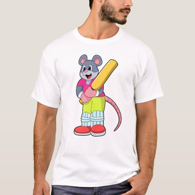 Mouse at Cricket with Cricket bat T-Shirt (Front)