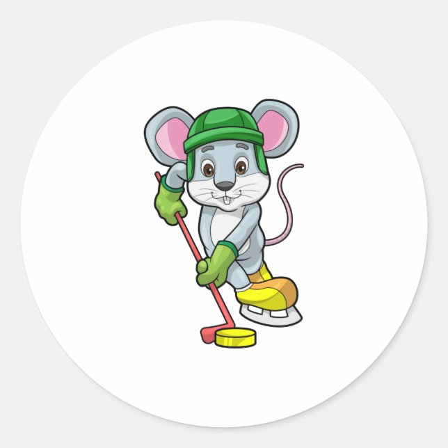 Mouse at Ice hockey with Hockey stick Classic Round Sticker (Front)