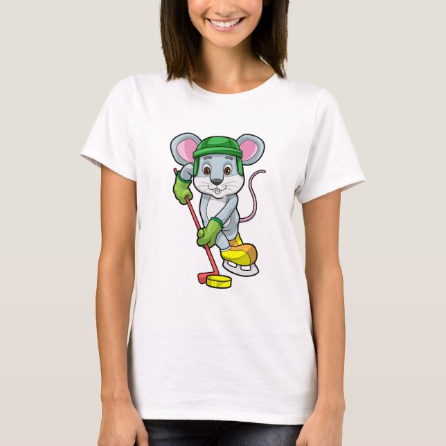 Mouse at Ice hockey with Hockey stick T-Shirt (Front)