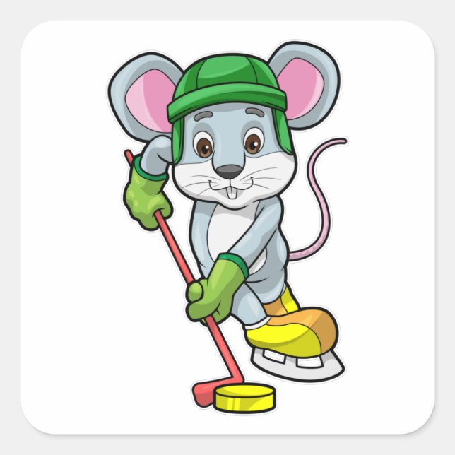 Mouse at Ice hockey with Ice hockey stick Square Sticker (Front)