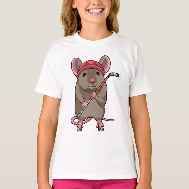 Mouse at Ice hockey with Ice hockey stick T-Shirt (Front)