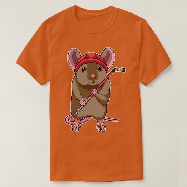 Mouse at Ice hockey with Ice hockey stick T-Shirt (Design Front)