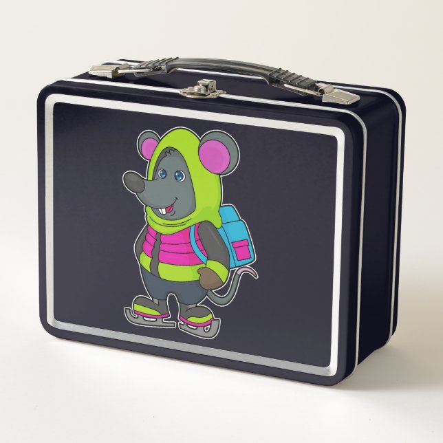 Mouse at Ice skating with Ice skates & Backpack.pn Metal Lunch Box (Front)
