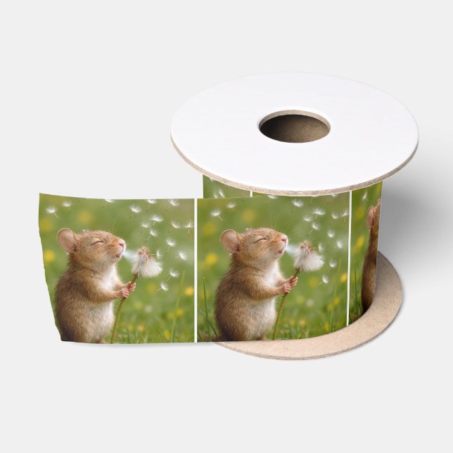 Mouse Blowing Dandelion Seeds Satin Ribbon (Spool)