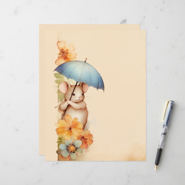 Mouse blue umbrella blue and orange flowers  (Front/Back In Situ)