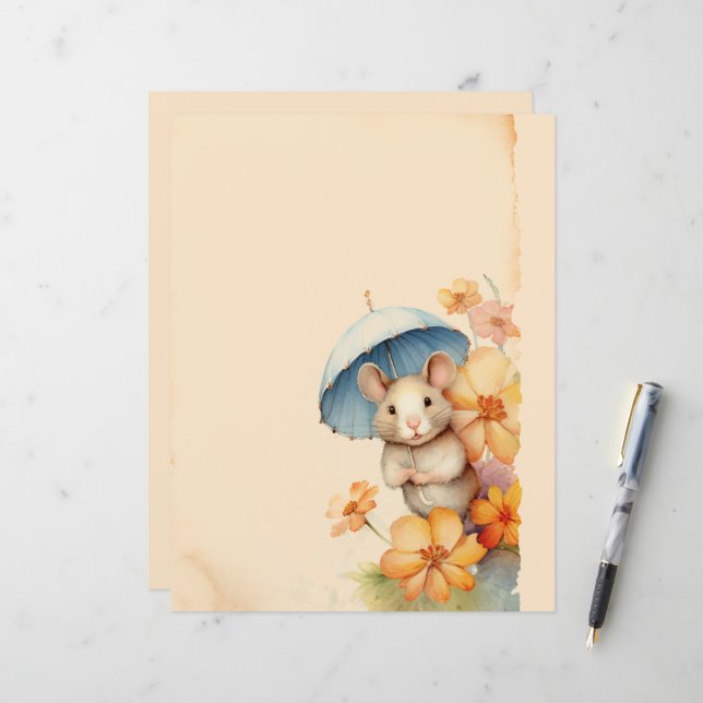 Mouse blue umbrella flowers old paper (Front/Back In Situ)