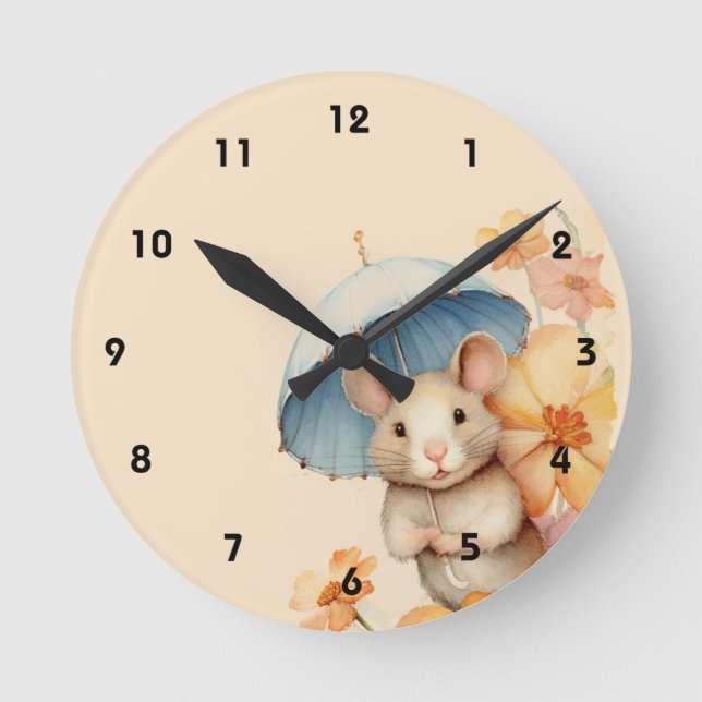 Mouse blue umbrella flowers old paper round clock (Front)