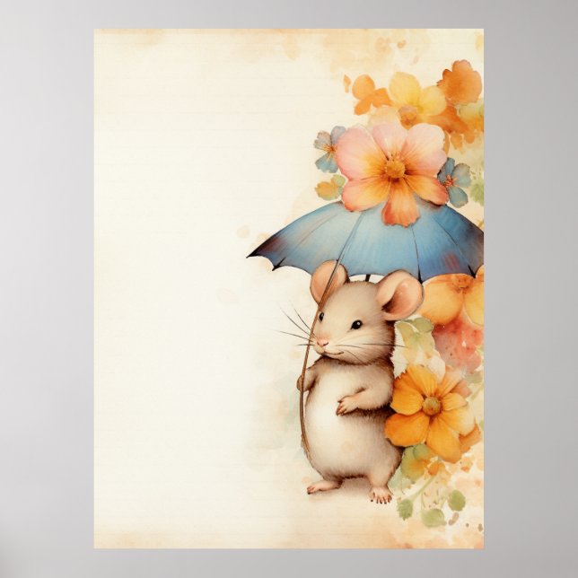 Mouse blue umbrella orange and blue flowers poster (Front)