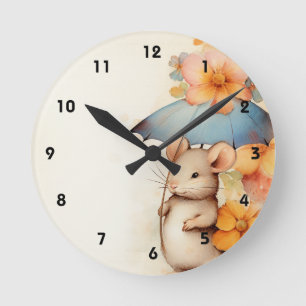 Mouse blue umbrella orange and blue flowers round clock