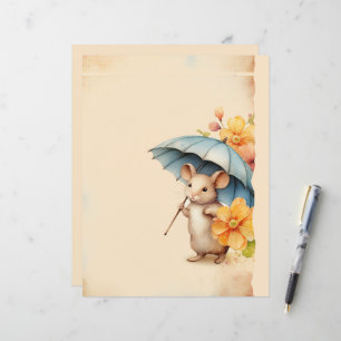 Mouse blue umbrella orange flowers old vintage pap