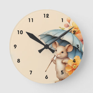 Mouse blue umbrella orange flowers old vintage pap round clock