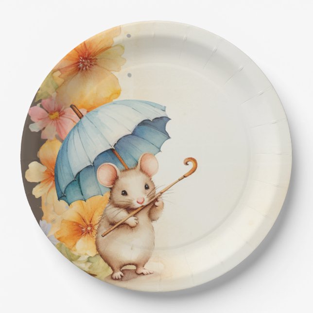 Mouse chewing on cane flowers stained paper plate (Front)