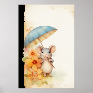 Mouse chewing on cane flowers stained paper poster