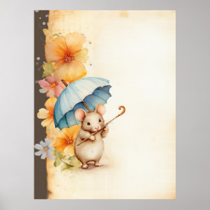 Mouse chewing on cane flowers stained paper poster