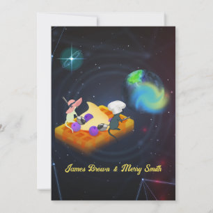 Mouse Couple in Love Flying Waffle Space Wedding Invitation