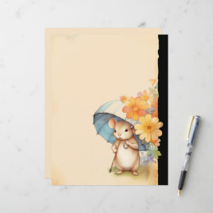 Mouse cute umbrella orange flowers old paper