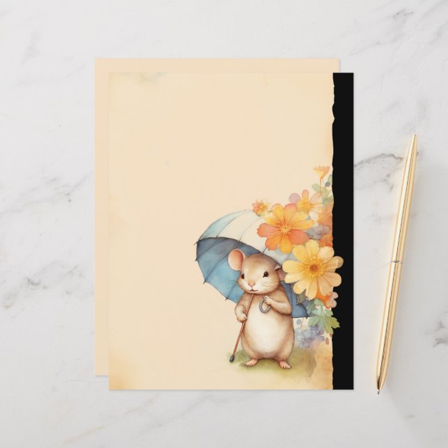 Mouse cute umbrella orange flowers old paper (Front/Back In Situ)