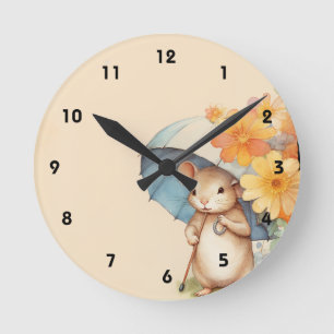 Mouse cute umbrella orange flowers old paper round clock
