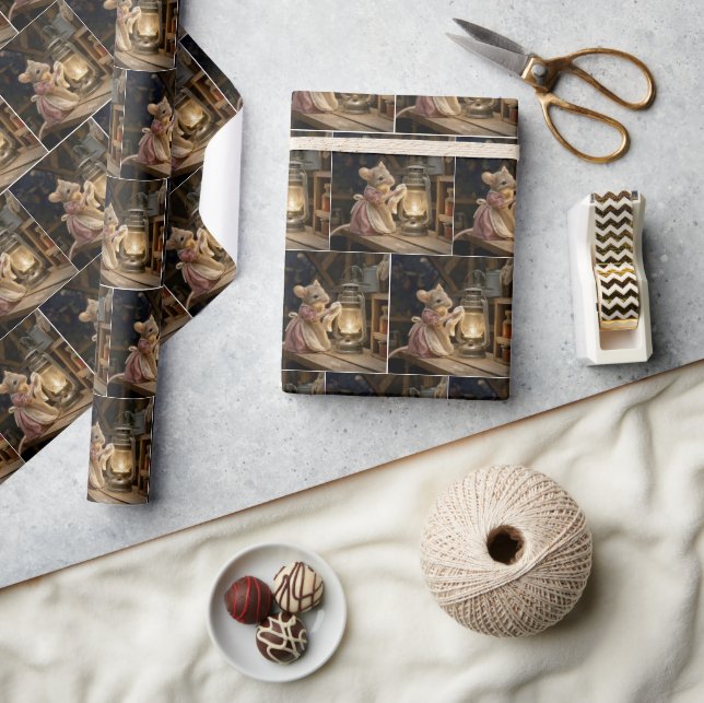Mouse Dusting an Old Lantern Wrapping Paper (Crafts)