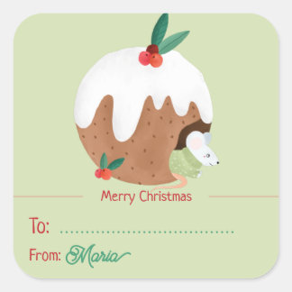 Mouse enjoying Christmas Pudding - Square Sticker