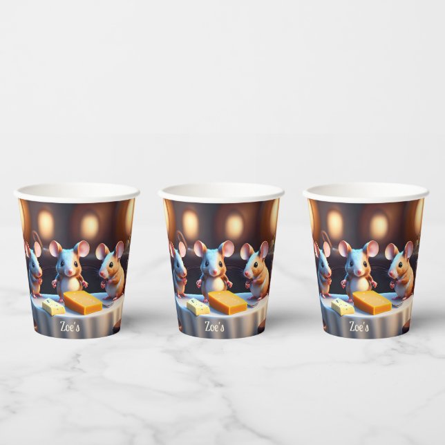 Mouse family at the dining table, Kids Birthday  Paper Cups (Multi)
