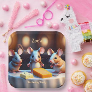 Mouse family at the dining table, Kids Birthday Paper Plate