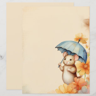 Mouse flowers blue orange pink old browned paper