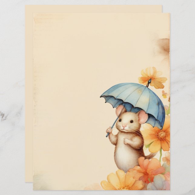 Mouse flowers blue orange pink old browned paper (Front/Back)