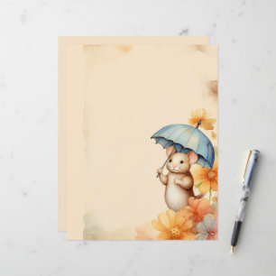 Mouse flowers blue orange pink old browned paper