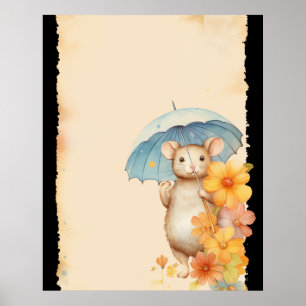 Mouse flowers stained paper orange pink blue poster