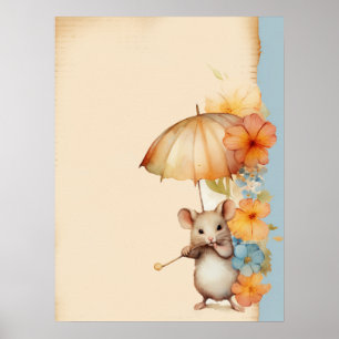 Mouse flowers umbrella paper with stains poster