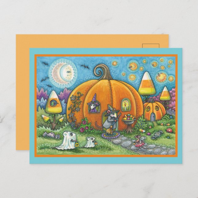 MOUSE HOUSE, LITTLE MICE, TRICK OR TREAT HALLOWEEN POSTCARD (Front/Back)