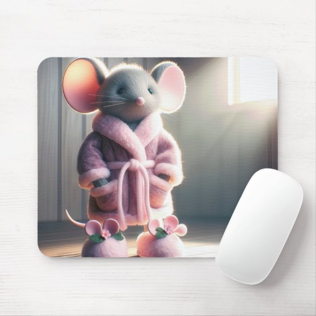 Mouse In a Pink Robe and Slippers Mouse Pad (With Mouse)