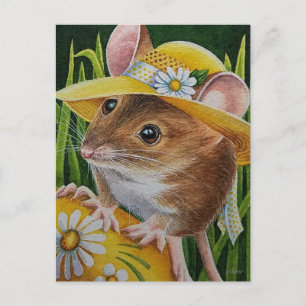 Mouse in Bonnet Found Yellow Egg Watercolor Art Postcard
